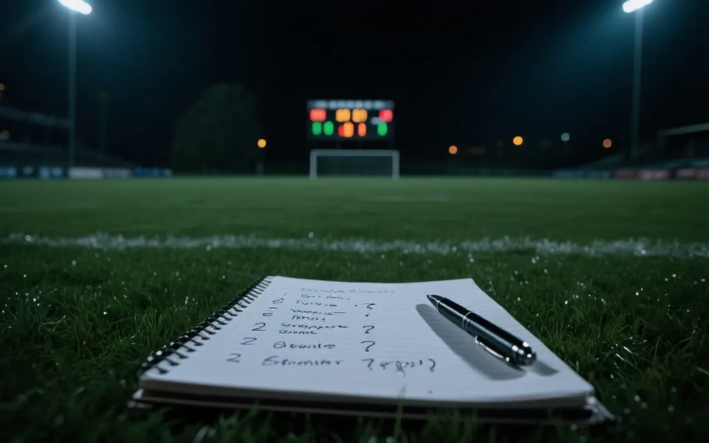 夜晚球场草皮与记分牌的特写，旁边有写满要点的笔记本，氛围克制理性